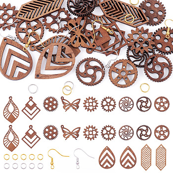 DIY Walnut Wood Dangle Earring Kits, Including Brass Earring Hooks & Jump Rings, Mixed Color, 23.5x2mm, Hole: 3mm & 4mm, 2pcs