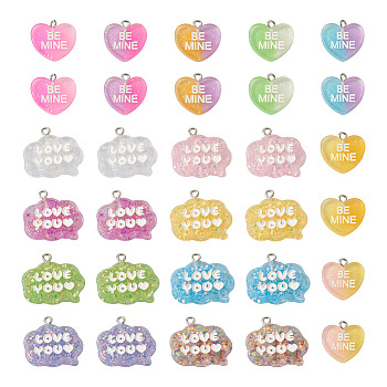 30Pcs 15 Styles Transparent Resin Pendants, Valentine's Day Charm, with Sequins & Glitter Powder & Platinum Tone Iron Findings, Heart & Cloud with Word, Mixed Color, 18~23x19~26x4.5~7mm, Hole: 2mm, 2pcs/style