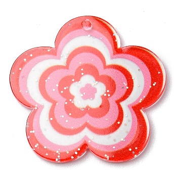 Acrylic Pendants with Glitter Powder, Flower, Crimson, 30.5x31.5x1.8mm, Hole: 1.8mm
