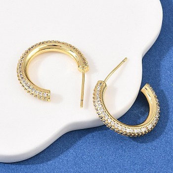 C-Shaped Brass Clear Cubic Zirconia Stud Earrings, Cadmium Free & Lead Free, Long-Lasting Plated, Rack Plating, Real 18K Gold Plated, 20x3mm