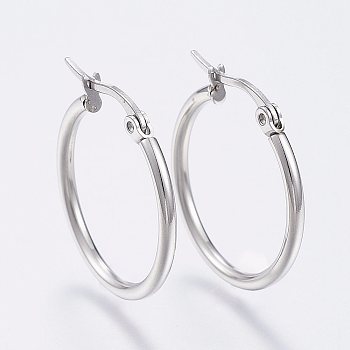 Tarnish Resistant 304 Stainless Steel Hoop Earrings, Hypoallergenic Earrings, Ring Shape, Stainless Steel Color, 12 Gauge, 24~26x2mm, Pin: 0.7~1.3x0.68mm