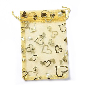 Organza Drawstring Jewelry Pouches, Wedding Party Gift Bags, Rectangle with Gold Stamping Heart Pattern, Champagne Yellow, 15x10x0.11cm