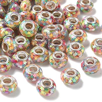 Transparent Resin Rondelle European Beads, with Star Paillette & Platinum Tone Brass Cores, Large Hole Beads, Colorful, 14x8.5mm, Hole: 5mm