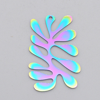 Ion Plating(IP) 201 Stainless Steel Pendants, Laser Cut, Leaf, Rainbow Color, 35.5x24x1mm, Hole: 1.6mm