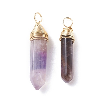Natural Amethyst Double Terminated Pointed Pendants, with Light Gold Tone Copper Wire Wrapped, Bullet, 29.5~34.5x6.5~8x6.5~8mm, Hole: 3.4mm
