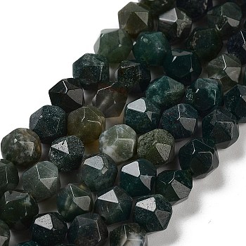 Natural Moss Agate Beads Strands, Star Cut Round Beads, Faceted, 8x7~8x7~8mm, Hole: 1.2mm, about 44pcs/strand, 14.37''(36.5cm)