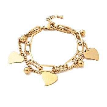 Leaf and Round Ball Charm Multi-strand Bracelet, Vacuum Plating 304 Stainless Steel Double Layered Chains Bracelet for Women, Golden, 7-1/2 inch(19cm)