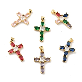 Rack Plating Brass Micro Pave Cubic Zirconia Pendants, Long-Lasting Plated, Lead Free & Cadmium Free, Cross, Real 18K Gold Plated, Religion, Mixed Color, 26.5x18x4mm, Hole: 3.5x4mm