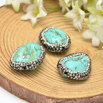 Nuggets Dyed Natural Magnesite Beads, with Polymer Clay Rhinestones, Turquoise,  20~24x14~22x8~14mm, Hole: 0.8mm
