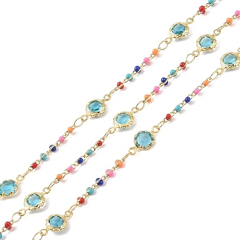 Brass Link Chains, with Enamel Beaded and Glass, Real 18K Gold Plated, Soldered, with Spools, Long-Lasting Plated, Cadmium Free & Lead Free, Cyan, 12x6.5x2.5mm