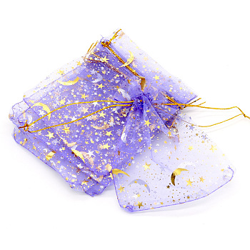 Hot Stamping Rectangle Organza Drawstring Gift Bags, Storage Bags with Moon and Star Print, Lilac, 9x7cm