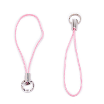 Polyester Cord Mobile Straps, with Platinum Plated Iron Findings, Pearl Pink, 5.6cm