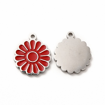 304 Stainless Steel Enamel Charms, Daisy, Red, 14x12x1mm, Hole: 1.2mm