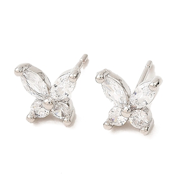 Butterfly Platinum Brass Stud Earrings, with Clear Cubic Zirconia, Long-Lasting Plated, Lead Free & Cadmium Free, Clear, 7.5x8.5mm