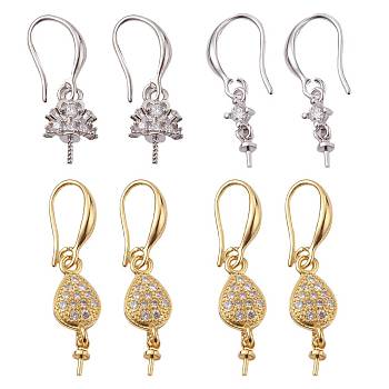 3 Pairs 3 Size Brass Micro Pave Clear Cubic Zirconia Earring Hooks, Ear Wire, For Half-drilled Bead, Heart & Teardrop & Flat Round, Platinum & Golden, 26~34mm, 18 Gauge, Pin: 1mm, 3pairs/box