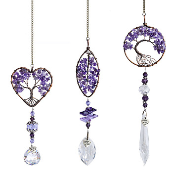 Glass Pendant Decorations, Natural Amethyst Chips Flat Round/Leaf/Heart Tree of Life Hanging Suncatchers, with Metal Findings, for Home, Car Interior Ornaments, 330~390x28~50mm, 3pcs/set