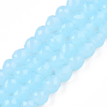 Imitation Jade Glass Beads Strands, Faceted, Teardrop, Sky Blue, 4.5~5x4x4mm, Hole: 1mm, about 97~101pcs/strand, 16.54~18.5 inch(42~47cm)
