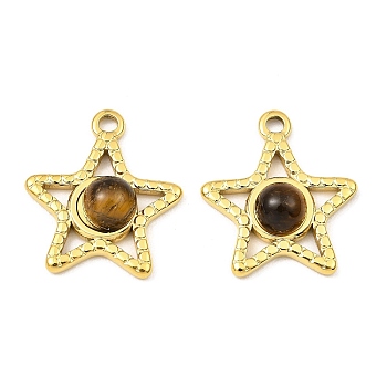Natural Tiger Eye Pendants, Ion Plating(IP) 316 Stainless Steel Star Charms, Real 24K Gold Plated, 20x17.5x5mm, Hole: 1.8mm