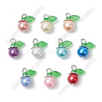 100Pcs 10 Colors Glass Charms, Round Charms, with Iron Flat Head Pins Loop and Acrylic Leaf Charms, Mixed Color, 15x11.5x8.5mm, Hole: 2mm, 10pcs/color(PALLOY-HY00113)