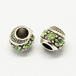 Alloy Rhinestone European Beads, Rondelle Large Hole Beads, Antique Silver, Peridot, 11x10mm, Hole: 5mm(MPDL-R036-08E)