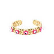 Real 18K Gold Plated Brass Open Cuff Ring with Enamel Evil Eye for Women, Nickel Free, Deep Pink, US Size 8(18.1mm)(RJEW-Q166-02E)