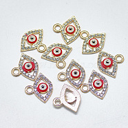 Alloy Charms, with Crystal Rhinestone and Red Enamel, Evil Eye, Light Gold, 14x16.5x2.5mm, Hole: 2mm(ENAM-S117-33C)