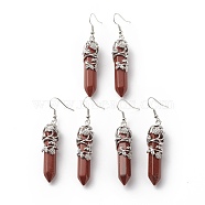 Natural Red Jasper Bullet with Flower Dangle Earrings, Platinum Tone Brass Jewelry for Women, Cadmium Free & Lead Free, 62~63mm, Pin: 0.6mm(EJEW-G300-02P-10)