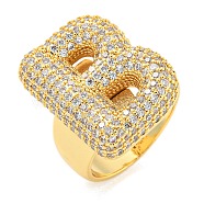 Brass Micro Pave Clear Cubic Zirconia Letter Open Cuff Ring for Women, Real 18K Gold Plated, Letter B, 18x23mm, Inner Diameter: 21mm(RJEW-M173-01G-B)