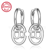 Rhodium Plated Platinum 925 Sterling Silver Hoop Earrings, Initial Letter Drop Earrings, with S925 Stamp, Letter B, 20x8.5mm(ZC9557-4)