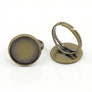 Antique Bronze Brass Adjustable Finger Ring Components, Pad Ring Bases Perfect for Cabochons, Size: Ring: about 17mm inner diameter, Round Tray: about 18mm in diameter, 16mm inner diameter(X-KK-J110-AB)