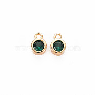 Brass Charms, with Rhinestone, Nickel Free, Real 18K Gold Plated, Flat Round, Emerald, 8x5x3mm, Hole: 1.4mm(KK-S364-160J)