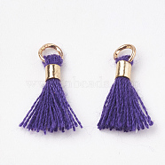 Polycotton(Polyester Cotton) Tassel Pendant Decorations, Mini Tassel, with Brass Findings, Light Gold, Indigo, 10~15x3~4mm, Hole: 2mm(FIND-S275-12G)