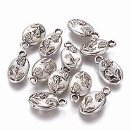 CCB Plastic Pendants, Oval Carved Flower and Butterfly, Antique Silver, 19x11x4mm, Hole: 2mm(CCB-J030-10AS)