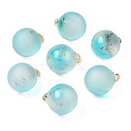 Two Tone Transparent Spray Painted Glass Pendants, with Light Gold Plated Brass Loop, Frosted, with Glitter Powder, Round, Sky Blue, 14x10mm, Hole: 2mm(GLAA-N035-020B-C04)