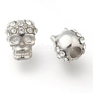 Zinc Alloy Beads, with Rhinestone, Halloween, Skull, Platinum, 12x8mm, Hole: 3mm(X-RB-H143-1)