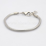 304 Stainless Steel European Style Round Snake Chains Bracelets, with Lobster Claw Clasps, Stainless Steel Color, 145x3mm(BJEW-N233-03)
