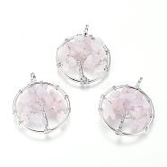 Natural Rose Quartz Pendants, with Brass Findings, Flat Round with Tree of Life, Platinum, 29x5~7mm, Hole: 4.5mm(G-E419-08P)