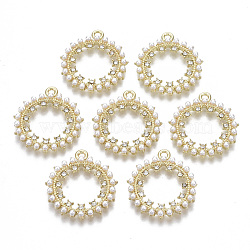 Alloy Pendants, with Crystal Rhinestone and ABS Plastic Imitation Pearl, Ring, Light Gold, 27x24x3.5mm, Hole: 1.6mm(PALLOY-T077-17)