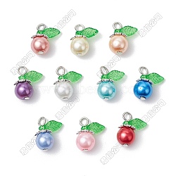 100Pcs 10 Colors Glass Charms, Round Charms, with Iron Flat Head Pins Loop and Acrylic Leaf Charms, Mixed Color, 15x11.5x8.5mm, Hole: 2mm, 10pcs/color(PALLOY-HY00113)