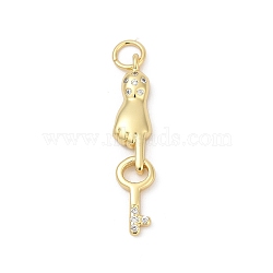 Brass Pave Cubic Zirconia Pendants, Hand with Key Charms, Long-Lasting Plated, Lead Free & Cadmium Free, Rack Plating, with Jump Ring, Real 18K Gold Plated, 28x6.5x3mm, Hole: 3.4mm(KK-U062-34G)