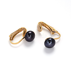 Golden Tone 304 Stainless Steel Freshwater Pearl Clip-on Earrings, Midnight Blue, 16x4x16mm(EJEW-M188-08B)