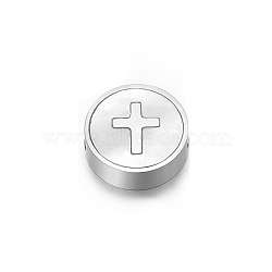 Stainless Steel Beads, Flat Round, Platinum, Cross, 9x3mm(PW-WG61194-12)