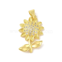 Rack Plating Brass Micro Pave Cubic Zirconia Pendants, Cadmium Free & Lead Free, Long-Lasting Plated, Sunflower, Clear, Real 18K Gold Plated, 25x15x4mm, Hole: 3x4mm(KK-S380-29G-01)