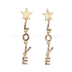 Brass Micro Pave Cubic Zirconia Dangle Stud Earrings, Star and Love, Golden, Colorful, 49mm, Pin: 0.7mm(EJEW-L224-12G)