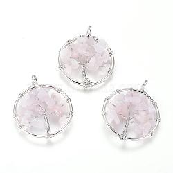 Natural Rose Quartz Pendants, with Brass Findings, Flat Round with Tree of Life, Platinum, 29x5~7mm, Hole: 4.5mm(G-E419-08P)
