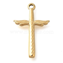 304 Stainless Steel Pendants, Cross with Wing Charm, Real 14K Gold Plated, 19x11.5x2mm, Hole: 1.2mm(STAS-P369-01G)