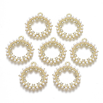 Alloy Pendants, with Crystal Rhinestone and ABS Plastic Imitation Pearl, Ring, Light Gold, 27x24x3.5mm, Hole: 1.6mm