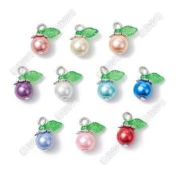 100Pcs 10 Colors Glass Charms, Round Charms, with Iron Flat Head Pins Loop and Acrylic Leaf Charms, Mixed Color, 15x11.5x8.5mm, Hole: 2mm, 10pcs/color