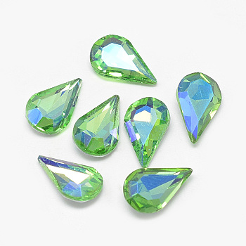 Pointed Back Glass Rhinestone Cabochons, Back Plated, Faceted, AB Color Plated, teardrop, Light Green, 13x8x4mm