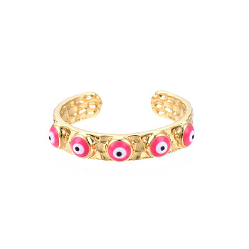 Real 18K Gold Plated Brass Open Cuff Ring with Enamel Evil Eye for Women, Nickel Free, Deep Pink, US Size 8(18.1mm)